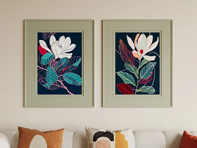 Two Modern Floral Abstract Paintings With Green Frames Hanging On Living Room Wall 3d model