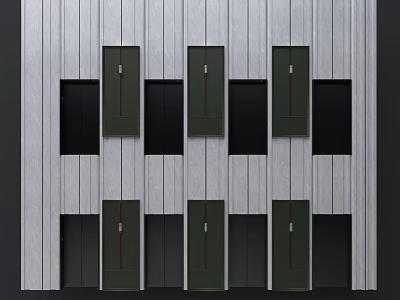 Gray Vertical Stripe Background Wall With Dark Green Cabinet Doors And Black Panels Neatly Arranged 3d model