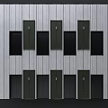 Gray Vertical Stripe Background Wall With Dark Green Cabinet Doors And Black Panels Neatly Arranged