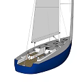 Classic Blue Hull Sailboat Featuring White Sails Wooden Deck And Mast