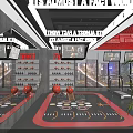 Modern Gym Interior With Treadmills Dumbbells Screens Showing Fitness Videos Red Black Decor And Plants