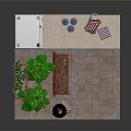 Indoor Interior Scene with Vending Machine Green Plants Wooden Bench Tiled Walls and Blue Bottles
