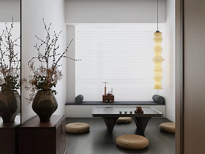 Minimalist Tea Room Interior With Low Table Cushions Vases And Hanging Lamp 3d model