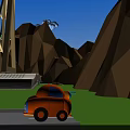 Cartoon Scene With Ferris Wheel Orange Car Green Grass Mountains Blue Sky And Clouds