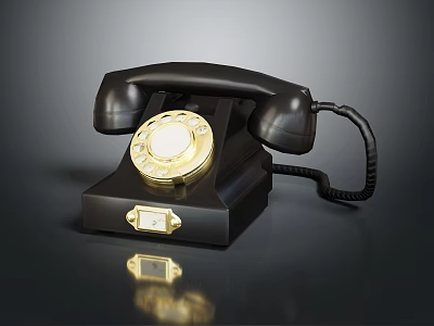 Vintage Telephone With Black Body Classic Design And Golden Dial On Reflective Surface 3d model