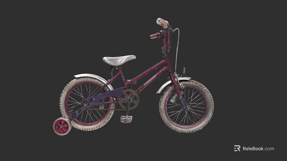 Purple And White Kids Bicycle With Training Wheels And White Seat 3d model 