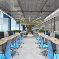 Public Office Space With Glass Partitions Blue Walls Work Desks And Green Plants
