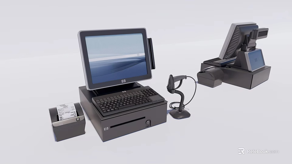 Modern Commercial POS Equipment With Touchscreen Monitor Keyboard Barcode Scanner And Receipt Printer 3d model 
