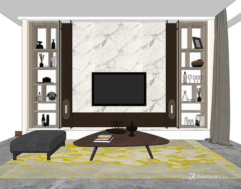 Modern TV Background Wall With Marble Panel And Side Display Cabinets With Decorations 3d model