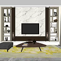 Modern TV Background Wall With Marble Panel And Side Display Cabinets With Decorations 3d model