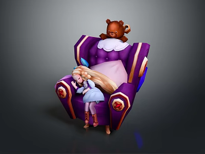 Sleeping Girl With Long Hair On Purple Sofa And Teddy Bear Toy 3d model