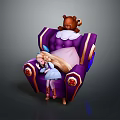 Sleeping Girl With Long Hair On Purple Sofa And Teddy Bear Toy