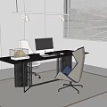 Modern Office Desk Interior With Ergonomic Chair Computer Monitor Window Blinds And Area Rug