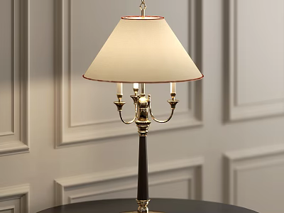 Classic Table Lamp With Black Column Gold Base And Beige Lampshade On Round Black Table 3d model