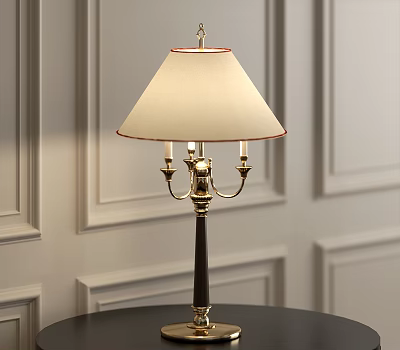 Classic Table Lamp With Black Column Gold Base And Beige Lampshade On Round Black Table 3d model