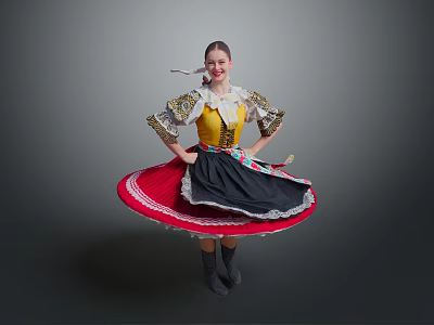 Woman in traditional folk costume with golden top dancing and spinning red black skirt 3d model
