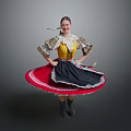 Woman in traditional folk costume with golden top dancing and spinning red black skirt