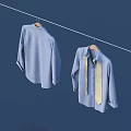 Two Blue Shirts Hanging on Clothesline One With Yellow Tie 3d model