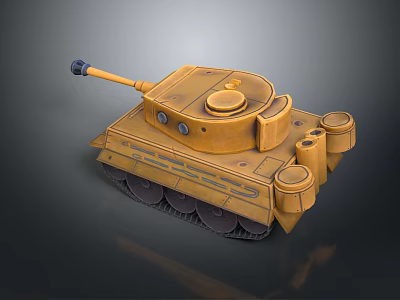 3D Modeled Yellow Tank With Cannon Tracks And Round Turret On Dark Background 3d model