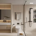 Modern Minimalist Bathroom Interior With Vanity Mirror Toilet Glass Shower And Towel Rack