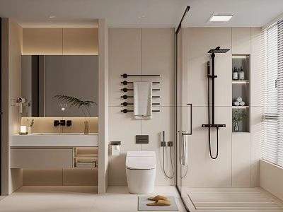 Modern Minimalist Bathroom Interior With Vanity Mirror Toilet Glass Shower And Towel Rack 3d model