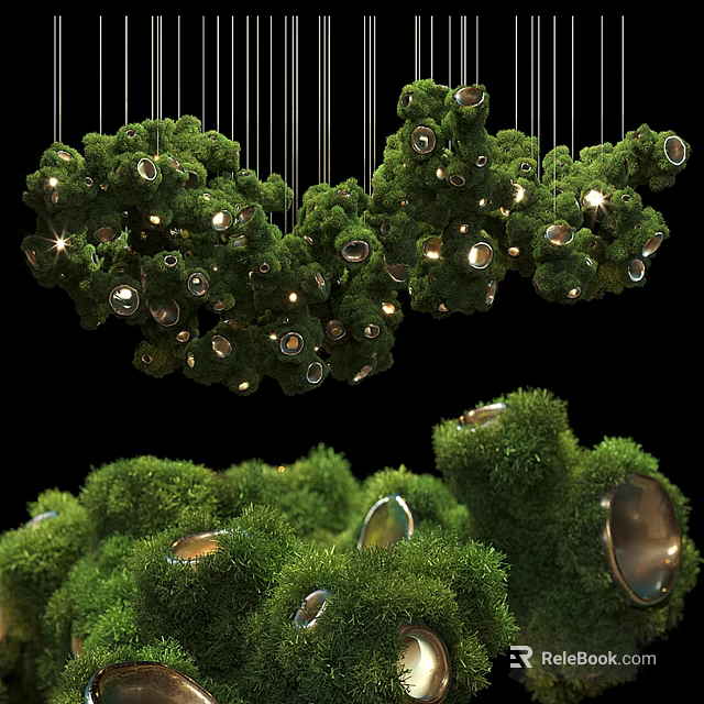 Green Moss Decorated Chandelier With Metallic Accents And Warm Lighting Design 3d model 