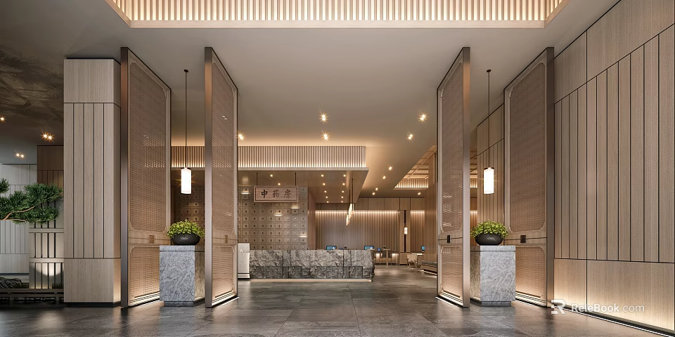 Elegant New Chinese Style Hotel Public Lounge With Warm Soft Lighting And Exquisite Marble Decoration 3d model 