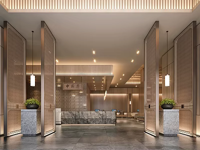 Elegant New Chinese Style Hotel Public Lounge With Warm Soft Lighting And Exquisite Marble Decoration 3d model