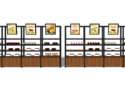 Organized Retail Display Shelves With Wooden Metal Structure And Product Posters 3d model