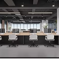 Modern Public Office Space With Long Desks White Chairs And Wooden Bookshelves