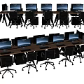 Modern Office Desks Workspace With Multiple Computer Monitors And Black Chairs 3d model