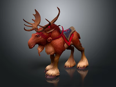 3D Moose Character Model With Red Harness Saddle And Realistic Fur Details Stance 3d model