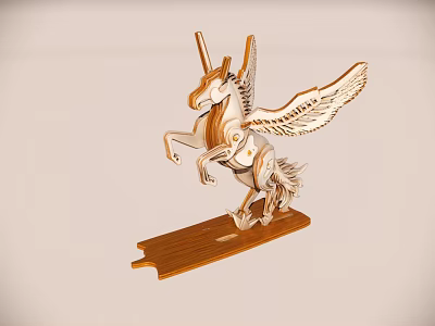 Handcrafted Wooden Unicorn Decorative Ornament Set With Wings And Stand Base 3d model