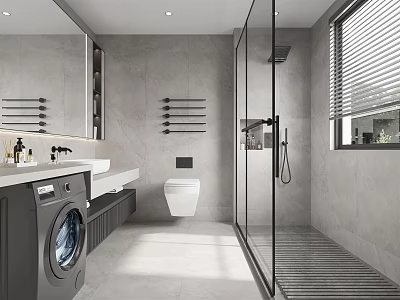 Modern Gray Bathroom Interior With Glass Shower Large Mirror And Washing Machine 3d model