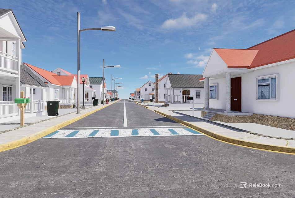 Residential Buildings With Red Roofs White Walls Along Street And Crosswalk 3d model 