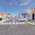 Residential Buildings With Red Roofs White Walls Along Street And Crosswalk