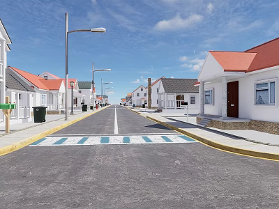 Residential Buildings With Red Roofs White Walls Along Street And Crosswalk 3d model