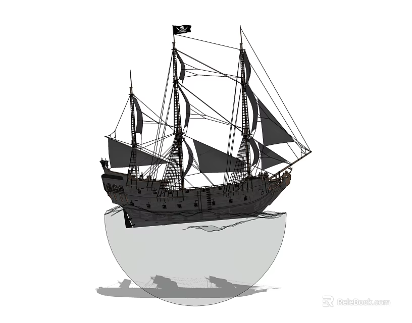 Vintage Wooden Sailing Ship With Multiple Masts Black Sails Small Flag And Decorative Hull 3d model 
