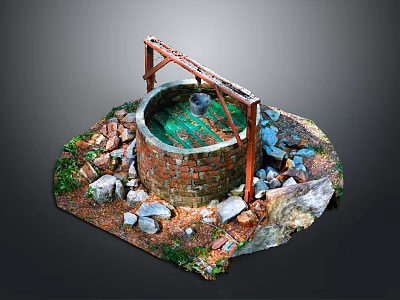 Ancient Brick Well With Wooden Frame And Green Water Surface Surrounded By Stones And Grass 3d model