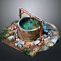 Ancient Brick Well With Wooden Frame And Green Water Surface Surrounded By Stones And Grass