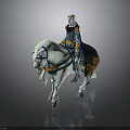 Helmeted Armored Figure Riding White Horse With Decorative Armor Ornate Saddle And Blue Gold Accents