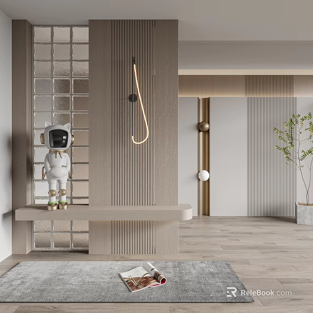 Modern Entryway Hallway Interior With Wooden Bench Wall Hook And Decorative Robot Figure 3d model 