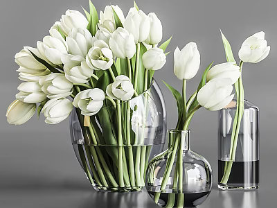 Fresh White Tulips Arranged in Multiple Transparent Glass Vases on Grey Background 3d model