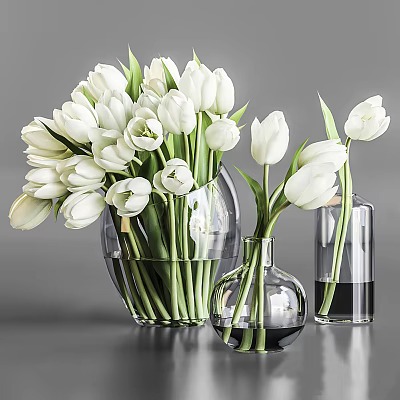 Fresh White Tulips Arranged in Multiple Transparent Glass Vases on Grey Background 3d model