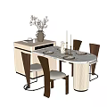 Modern Round Dining Table And Chairs Set With Vase Candles Tableware And Side Cabinet 3d model