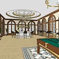 Luxurious Sales Office Interior With Round Bar Gold Chandelier Arched Windows And Chairs