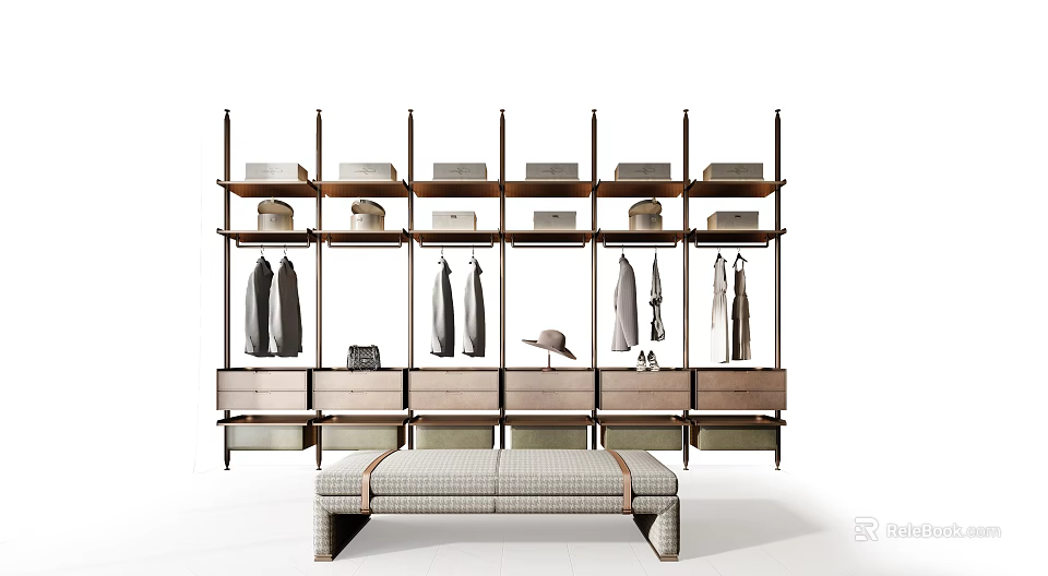 Modern Open Wardrobe Design With Shelves Hanging Rods Drawers And Bench 3d model 