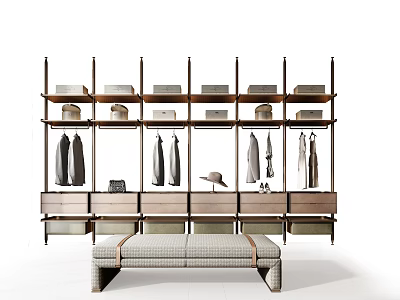 Modern Open Wardrobe Design With Shelves Hanging Rods Drawers And Bench 3d model