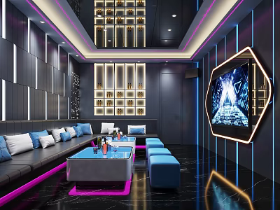 Modern KTV Interior Design With Purple Lighting Sofas Coffee Tables TV Screen And Wine Racks 3d model