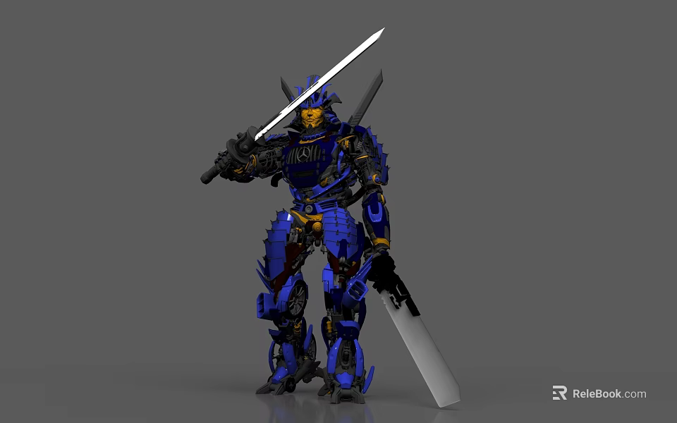 Blue And Yellow Mech Samurai Game Movie Character With Dual Swords And Armor 3d model 